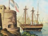 tableau représentant un tableau d'un bateau sur l'eau près d'un château