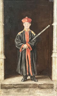painting of a man in a red cap and black robe holding a sword