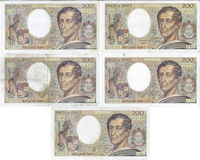 six images différentes d'une série de cinq billets différents, dont l'un porte le portrait d'un homme