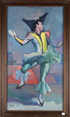 tableau représentant une femme vêtue d'un haut jaune et d'un pantalon vert en train de danser