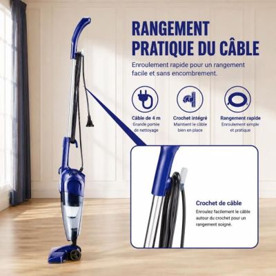 un gros plan d'un aspirateur bleu et noir posé sur un parquet