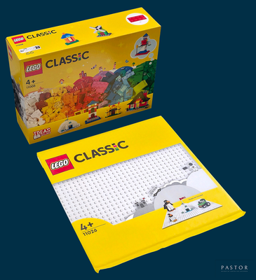 une boîte jaune contenant un ensemble Lego Classic