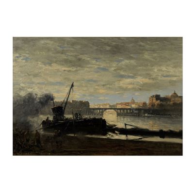 un tableau représentant un bateau sur l'eau, avec un pont en arrière-plan