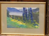 painting of a landscape with trees and hills in a gold frame