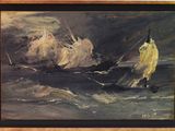 an oil painting of a man on a boat in the ocean