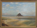 une peinture à l'huile représentant un château au milieu de l'océan