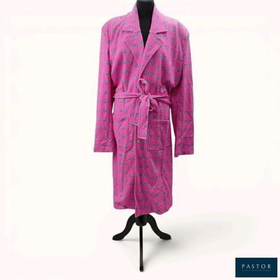 the robe is pink and has a pattern of flowers on it