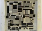 a black and white painting of squares and lines in a white frame