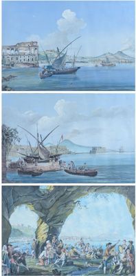 trois photos d'un tableau représentant des personnes sur un bateau au milieu d'un plan d'eau