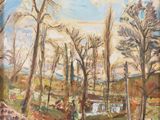 une peinture à l'huile représentant un homme à cheval dans une forêt