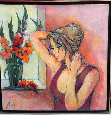 painting of a woman looking out a window with flowers in a vase