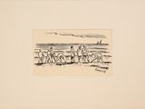 drawing of a group of people standing on a beach next to the ocean