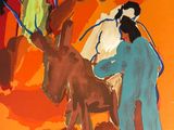 an image of a painting of a woman and a donkey in a field