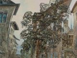 a painting of a tree in front of a building