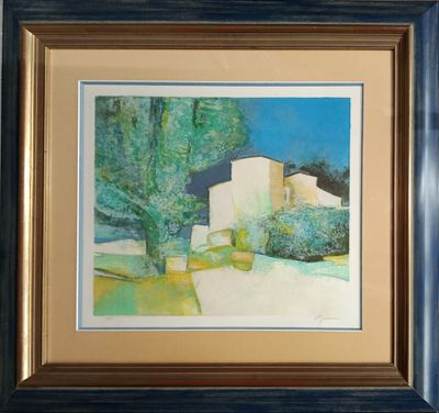 une image représentant une peinture d'une maison avec un arbre au premier plan