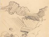 pencil drawing of two children playing in a field with a mountain in the background