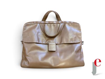 brown leather laptop bag on a white background with a red and white logo