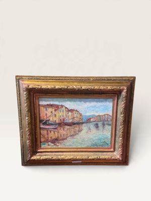 an oil painting of a boat on a river with buildings in the background