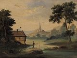 un vieux tableau représentant un homme en train de pêcher dans une rivière, avec une église en arrière-plan