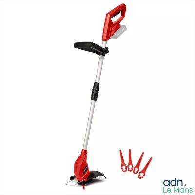 the corded string trimmer is red and black with a pair of scissors