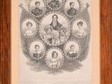 une vieille gravure représentant un portrait de famille, dans un cadre en bois
