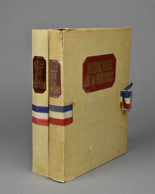 an old book with a red, white and blue stripe on the cover