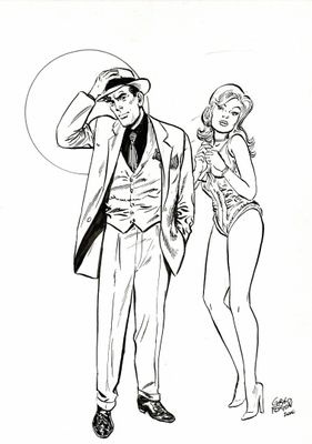 un dessin représentant un homme et une femme debout l'un à côté de l'autre