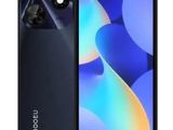 a black smartphone with a blue screen and a white background