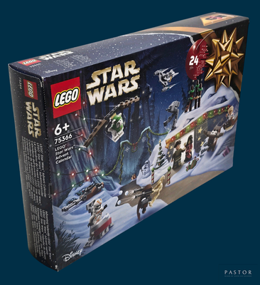 une boîte contenant des sets Lego Star Wars sur fond bleu