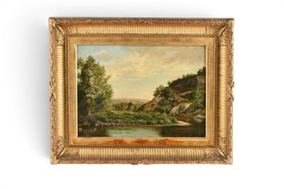 un tableau représentant un paysage avec une rivière au premier plan et des arbres au premier plan