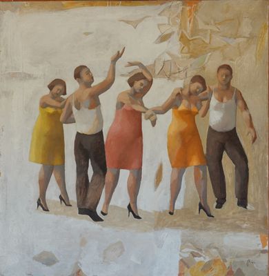 tableau représentant un groupe de femmes dansant devant le portrait d'un homme