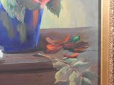 a painting of flowers in a blue vase on a table