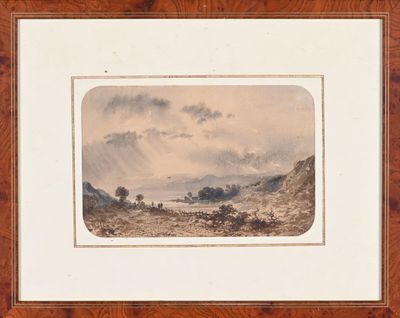 une image représentant un tableau représentant un paysage de montagne avec un ciel nuageux