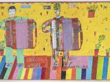 painting of two men playing accordions in a brightly colored room