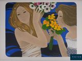 a painting of two women with flowers in their hands