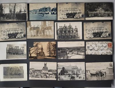 many old photographs of people and buildings on the wall