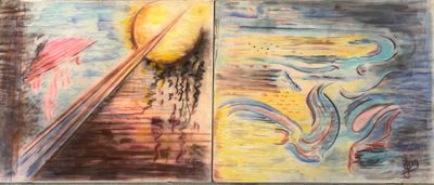 peinture représentant une peinture d'un soleil et d'un bateau sur l'eau