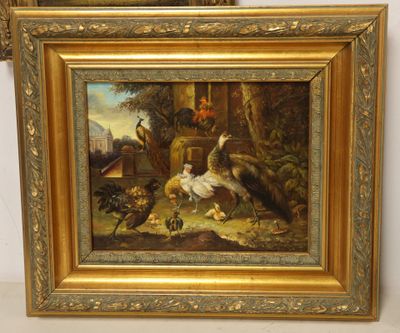pair of 19th century oil paintings of chickens and chickens in a country setting