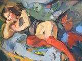 un tableau représentant une femme assise sur un canapé