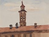 une aquarelle représentant un bâtiment avec une tour horloge