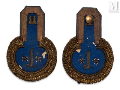 pair of blue and gold military badges with gold trims