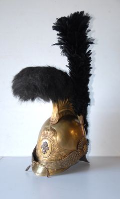 a gold helmet with a black feather on top of it