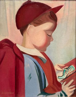 tableau représentant un jeune garçon coiffé d'une casquette rouge et tenant un jouet