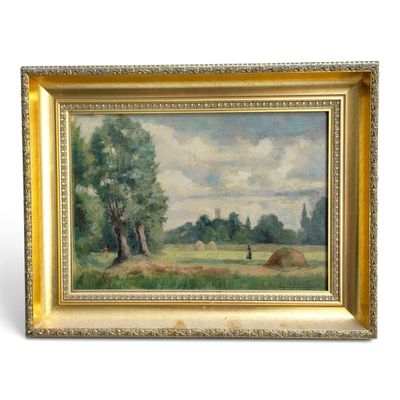 an oil painting of a field with trees and a cow