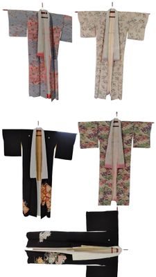 Plusieurs types de kimonos sont présentés sur un fond blanc