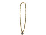 a gold necklace with a blue stone on a chain