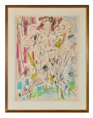un tableau représentant deux nus assis sur une chaise devant un mur