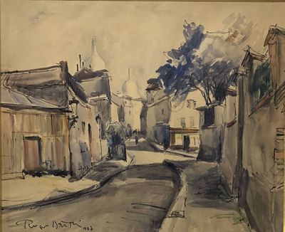 peinture représentant une scène de rue avec des bâtiments et un arbre au loin