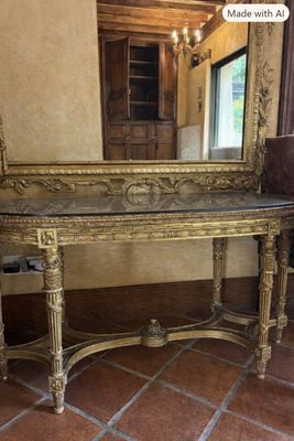 une table surmontée d'un miroir dans une pièce