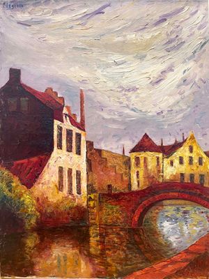 painting of a painting of a bridge over a river with buildings in the background